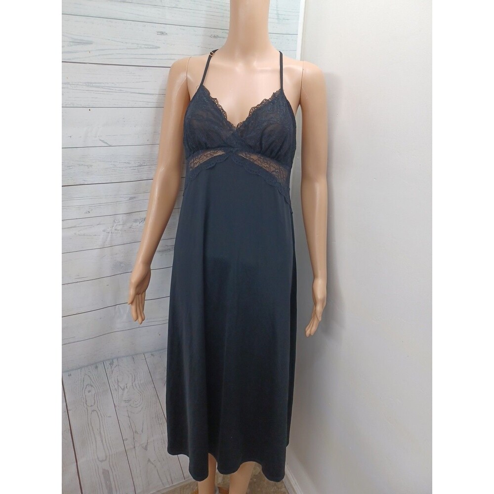 Black Nylon Babydoll Gothic Nightgown Sz M Nightie Lingerie Lace Y2K